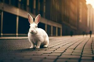 un blanco Conejo es sentado en el suelo en un ciudad. generado por ai foto