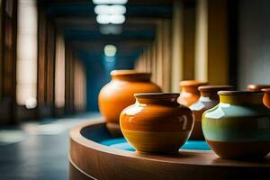 a row of vases on a table in a hallway. AI-Generated photo