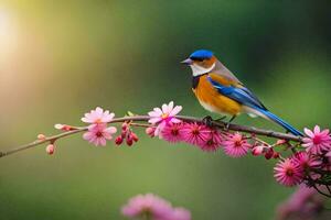 a blue and white bird sits on a branch with pink flowers. AI-Generated photo