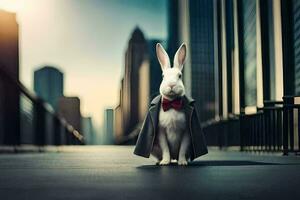 un Conejo vistiendo un traje y Corbata en pie en un calle. generado por ai foto
