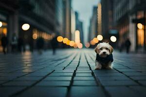 a small dog is standing on a brick road in a city. AI-Generated photo