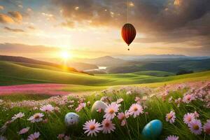 the sun rises over the mountains and the sky is filled with colorful balloons. AI-Generated photo