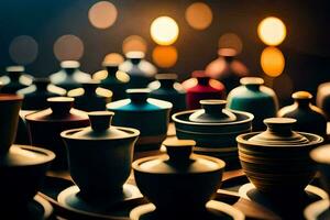 many different colored vases are sitting on a table. AI-Generated photo