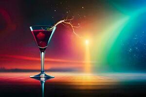 a cocktail in a glass with a rainbow background. AI-Generated photo