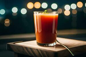 un vaso de jugo sentado en un de madera mesa. generado por ai foto