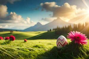 Pascua de Resurrección huevos en el césped, flores, montañas, amanecer, hd fondo de pantalla. generado por ai foto