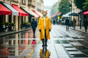 a fox in a yellow raincoat standing on a wet street. AI-Generated photo