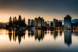 el ciudad horizonte es reflejado en el agua a puesta de sol. generado por ai foto