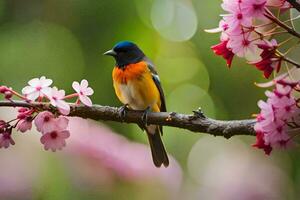 a colorful bird sits on a branch with pink flowers. AI-Generated photo