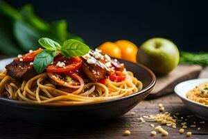 spaghetti with meat and tomatoes in a bowl. AI-Generated photo