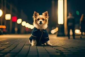 a dog in a jacket sitting on the street at night. AI-Generated photo