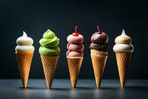 five different ice cream cones are lined up in a row. AI-Generated photo