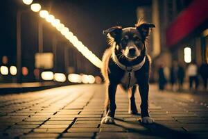 a dog standing on a street at night. AI-Generated photo