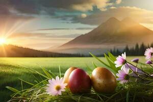 Pascua de Resurrección huevos en el césped. generado por ai foto