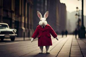 a rabbit dressed in a red coat and tie standing on a street. AI-Generated photo