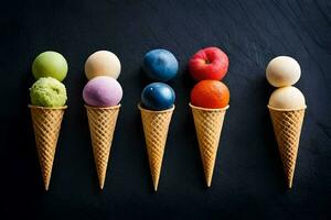 colorful ice cream cones with different fruits in them. AI-Generated photo