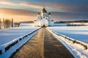 a church in the snow with a pathway leading to it. AI-Generated photo