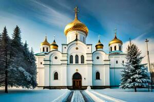 the white church with golden domes in the snow. AI-Generated photo