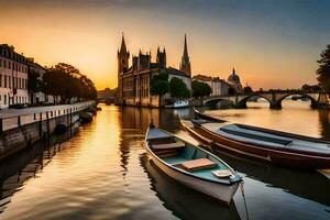 boats docked on the river at sunset in a city. AI-Generated photo