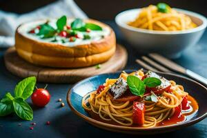 spaghetti with tomato sauce and basil leaves on a dark table. AI-Generated photo