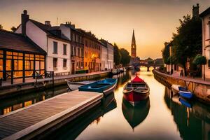 boats are docked in a canal at sunset. AI-Generated photo