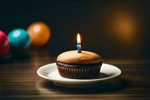 a cupcake with a single candle on a plate. AI-Generated photo