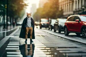 un hombre en un Saco en pie en un calle con un coche. generado por ai foto
