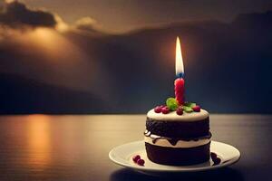 a chocolate birthday cake with a lit candle on top. AI-Generated photo