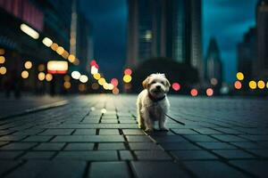 un pequeño perro en pie en un ladrillo la carretera a noche. generado por ai foto