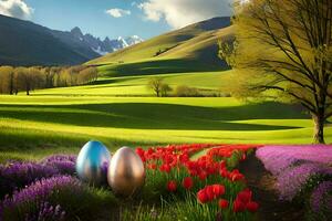 Pascua de Resurrección huevos en el campo. generado por ai foto