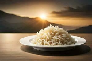 a plate of rice on a table in front of a sunset. AI-Generated photo