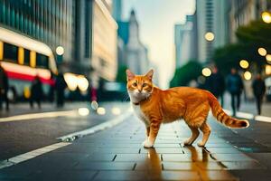 an orange cat is walking across a city street. AI-Generated photo