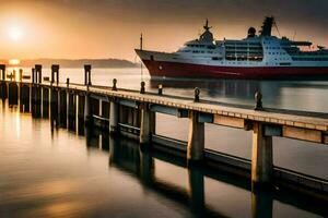 un rojo y blanco Embarcacion atracado a el muelle. generado por ai foto