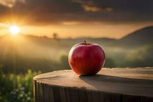 an apple sits on top of a stump in front of a sunset. AI-Generated photo