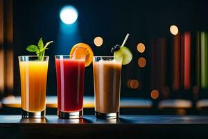 three different drinks are lined up on a table. AI-Generated photo