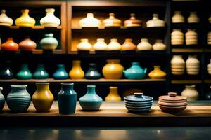 a row of colorful vases on a shelf. AI-Generated photo