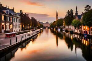 a canal in the middle of a city with buildings and boats. AI-Generated photo