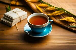 a cup of tea on a wooden table. AI-Generated photo