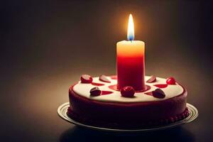 a red and white birthday cake with a lit candle. AI-Generated photo