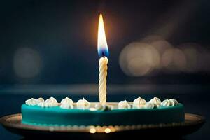 a blue birthday cake with a single candle. AI-Generated photo