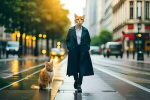 un mujer en un Saco y un gato caminando abajo un calle. generado por ai foto