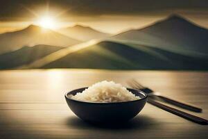 un cuenco de arroz y un tenedor en un de madera mesa. generado por ai foto