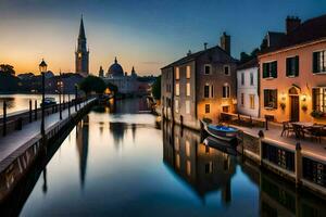 un canal en el medio de un ciudad a puesta de sol. generado por ai foto