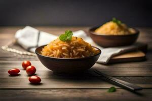 person rice in a bowl with tomatoes and mint leaves. AI-Generated photo