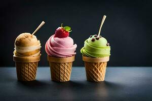 three ice cream cones with different flavors. AI-Generated photo