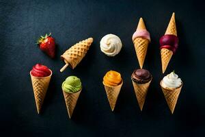 different flavors of ice cream in cones on a black background. AI-Generated photo