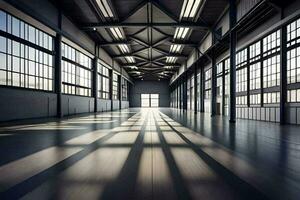 an empty warehouse with lots of windows. AI-Generated photo