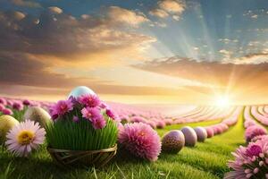 the sun is shining over a field of flowers and eggs. AI-Generated photo