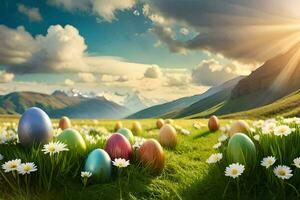 Pascua de Resurrección huevos en un campo con margaritas y montañas. generado por ai foto