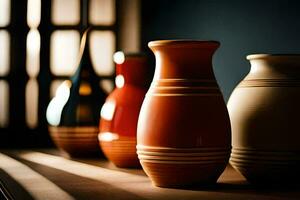 a row of vases on a table. AI-Generated photo